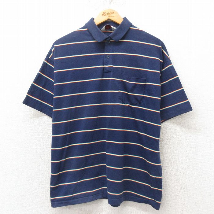 80s 半袖ポロシャツ ネイビーボーダー L | 古着