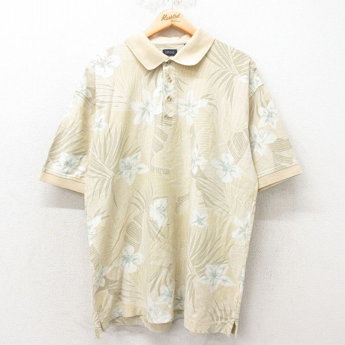 【50%OFF】XL★古着 IZOD 半袖 ポロ シャツ メンズ 花柄 コットン 薄ベージュ カーキ 25jun06 中古 トップス