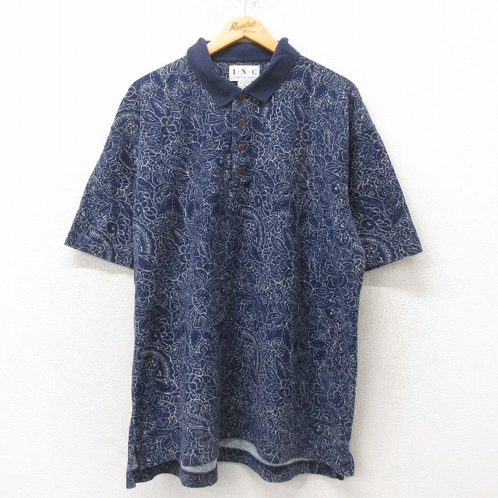 半袖ポロシャツ 花柄 ネイビー XL | 古着