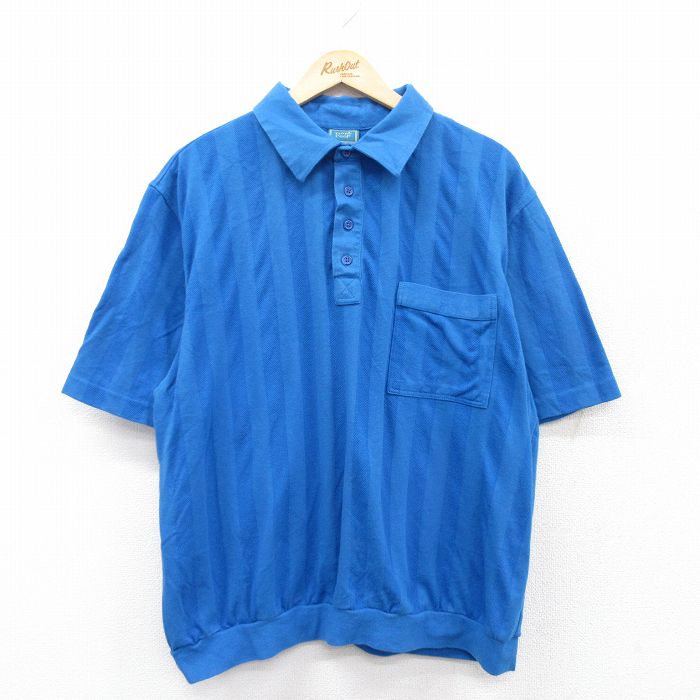 XL★古着 半袖 ポロ シャツ メンズ 大きいサイズ 青 ブルー ストライプ 25jun06 中古 トップス