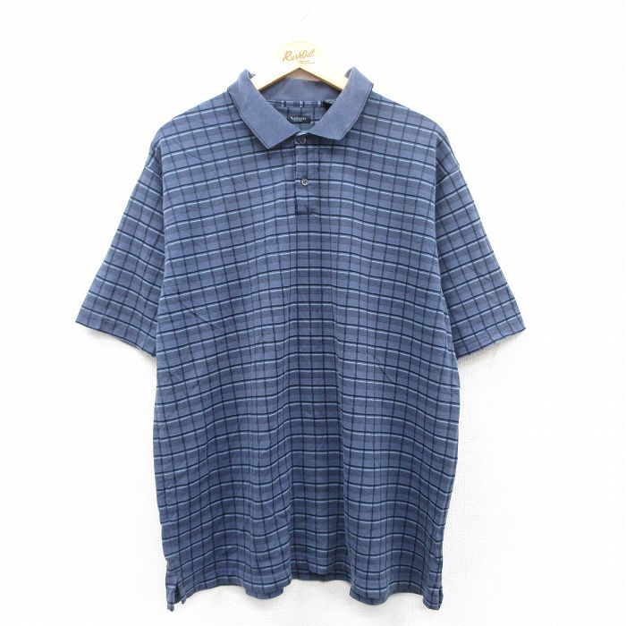 XL★古着 バンヒューセン 半袖 ポロ シャツ メンズ 大きいサイズ 紺他 ネイビー チェック 25jun06 中古 トップス