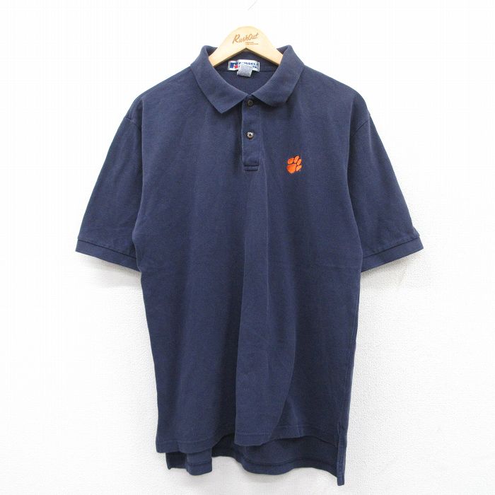 L★古着 ラッセル 半袖 ポロ シャツ メンズ 00年代 00s クレムソンタイガース 鹿の子 コットン 紺 ネイビー 25jun06 中古 トップス