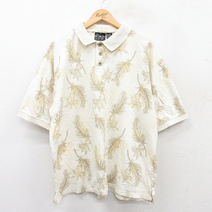 オーシャンパシフィック OP 半袖ポロシャツ 花 ホワイト XL | 古着