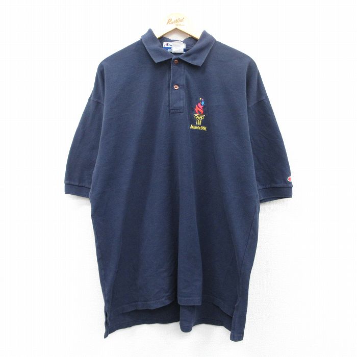 【20%OFF】XL★古着 チャンピオン Champion 半袖 ブランド ポロ シャツ メンズ 90年代 90s アトランタオリンピック 鹿の子 大きいサイズ コットン 紺 ネイビー 【spe】 25jun06 中古 トップス