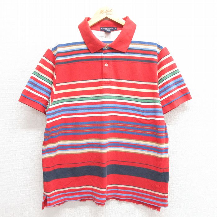 XL★古着 半袖 ポロ シャツ メンズ 鹿の子 コットン 赤他 レッド ボーダー 25jun17 中古 トップス