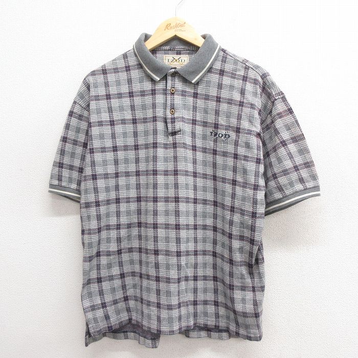 L★古着 IZOD 半袖 ポロ シャツ メンズ 90年代 90s ワンポイントロゴ コットン グレー他 チェック 25jun17 中古 トップス
