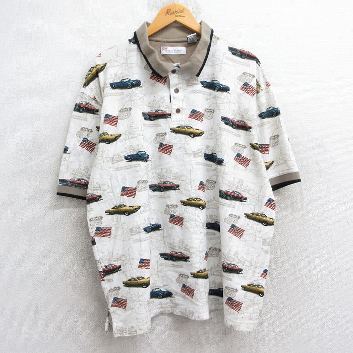 【50%OFF】XL★古着 半袖 ポロ シャツ メンズ 車 クラシックカー 星条旗 総柄 大きいサイズ コットン 白他 ホワイト 25jun20 中古 トップス