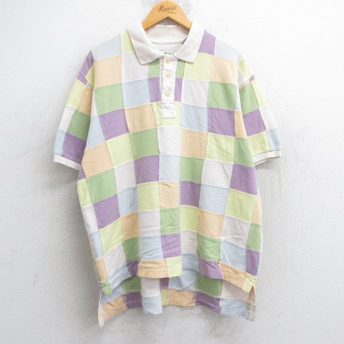 XL★古着 オービス ORVIS 半袖 ポロ シャツ メンズ 00年代 00s パッチワーク 鹿の子 大きいサイズ コットン 黄他 イエロー チェック 【spe】 25jun20 中古 トップス