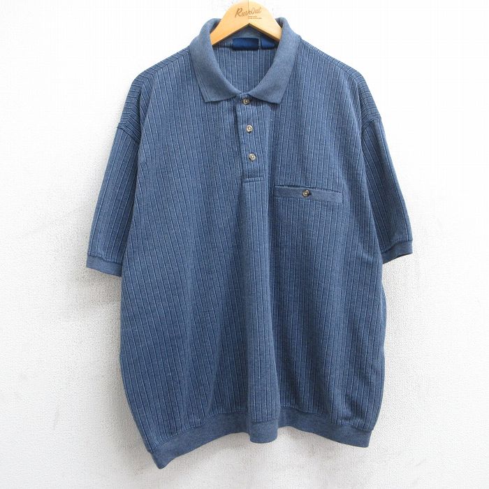 XL★古着 タウンクラフト 半袖 ポロ シャツ メンズ 90年代 90s 鹿の子 大きいサイズ 薄紺他 ネイビー ストライプ 25jun20 中古 トップス