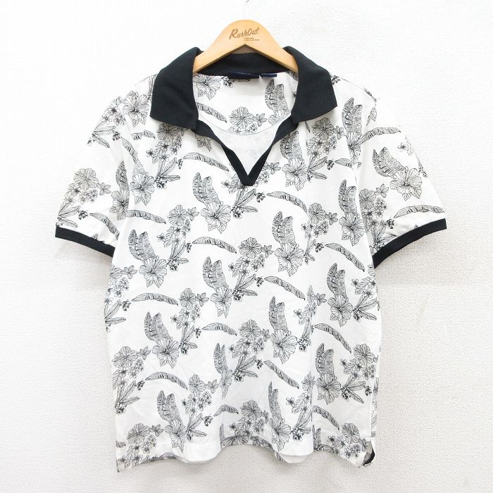 ポロシャツ 00s 半袖ポロシャツ ハイビスカス総柄 ホワイト XL | 古着