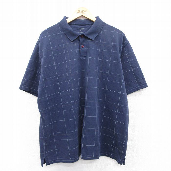 XL★古着 バンヒューセン 半袖 ポロ シャツ メンズ 大きいサイズ 紺 ネイビー チェック 25jun21 中古 トップス