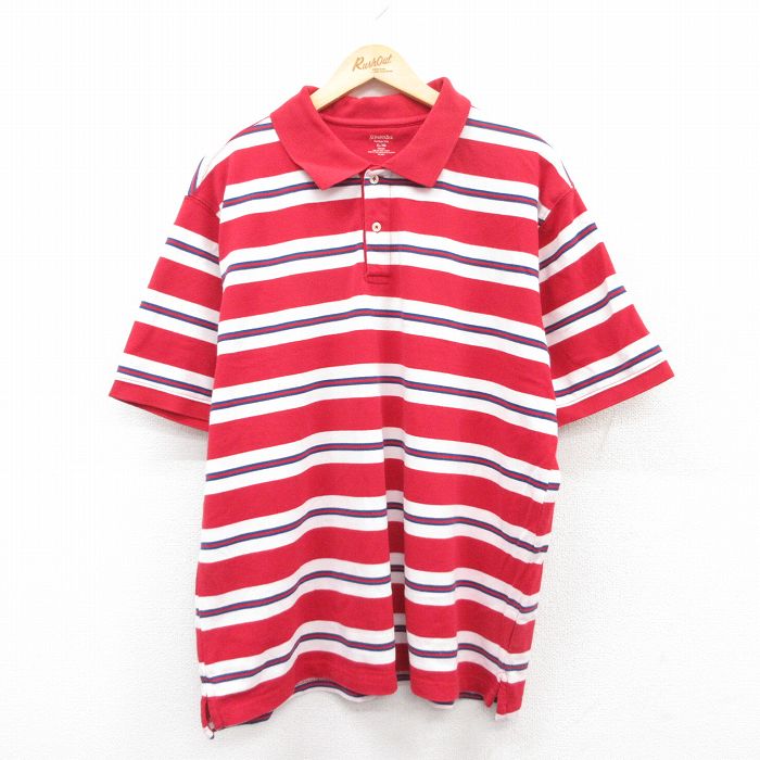 XL★古着 セントジョンズベイ 半袖 ポロ シャツ メンズ 鹿の子 大きいサイズ コットン 赤他 レッド ボーダー 25jun30 中古 トップス
