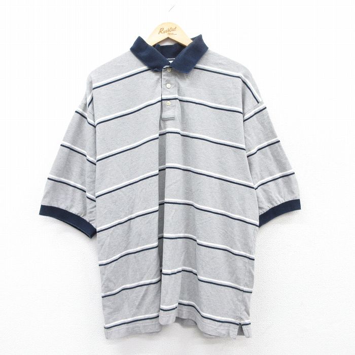 XL★古着 半袖 ポロ シャツ メンズ 大きいサイズ コットン グレー他 ボーダー 25jun30 中古 トップス