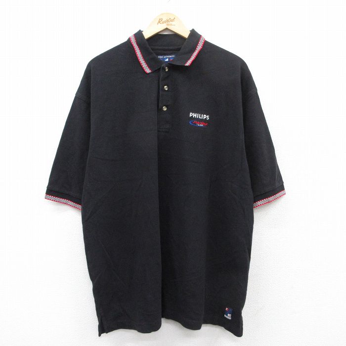 【50%OFF】XL★古着 半袖 ポロ シャツ メンズ レーシング PHILIP 鹿の子 大きいサイズ コットン 黒他 ブラック 25jun30 中古 トップス