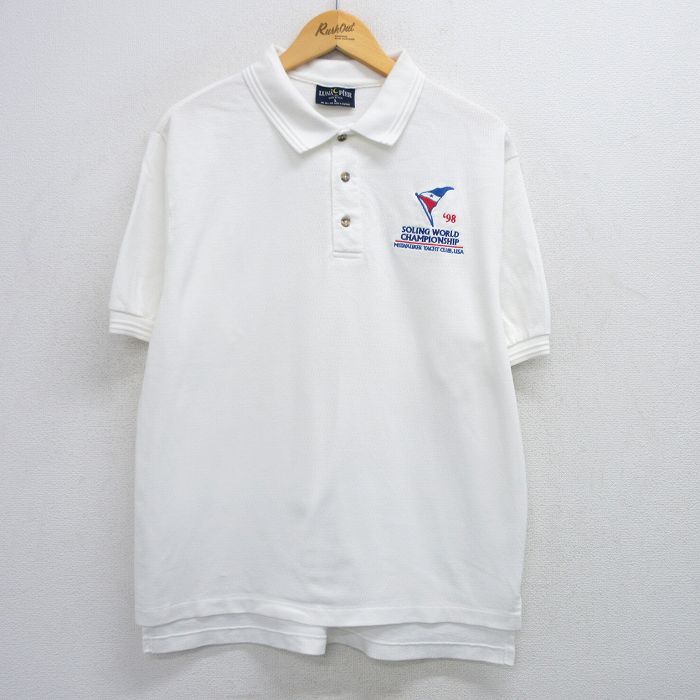 XL★古着 半袖 ポロ シャツ メンズ 90年代 90s SOLING WORLD コットン USA製 白 ホワイト 25jun30 中古 トップス