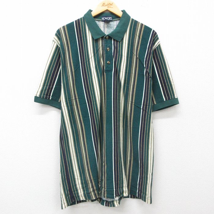 【50%OFF】XL★古着 半袖 ポロ シャツ メンズ 00年代 00s 鹿の子 ロング丈 コットン 緑他 グリーン ストライプ 【spe】 25jul02 中古 トップス