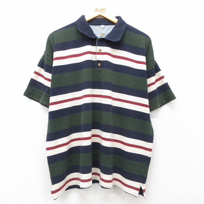 XL★古着 半袖 ポロ シャツ メンズ ロング丈 大きいサイズ 紺他 ネイビー 25jul02 中古 トップス