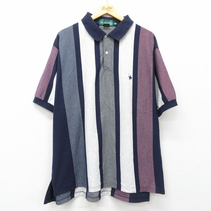 XL★古着 半袖 ポロ シャツ メンズ 90年代 90s 大きいサイズ 紺他 ネイビー ストライプ 25jul02 中古 トップス