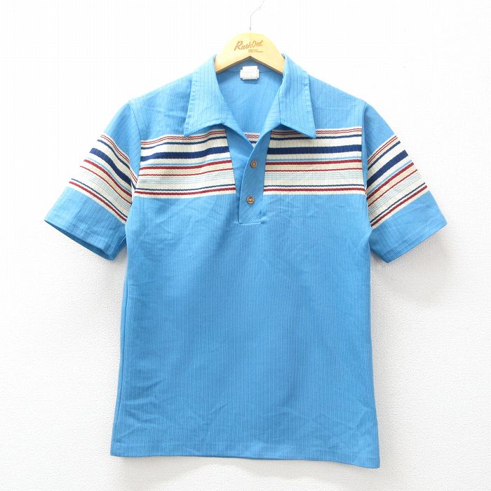 M★古着 半袖 ポロ シャツ メンズ 80年代 80s 開襟 オープンカラー 水色他 ストライプ 25jul02 中古 トップス