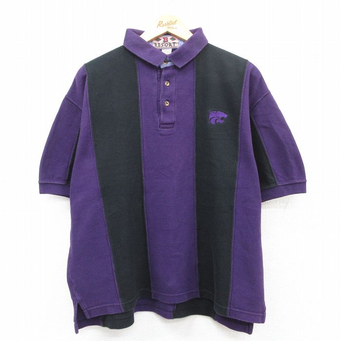 【50%OFF】XL★古着 半袖 ポロ シャツ メンズ 90年代 90s ツートンカラー 鹿の子 コットン 紫他 パープル ストライプ 25jul02 中古 トップス