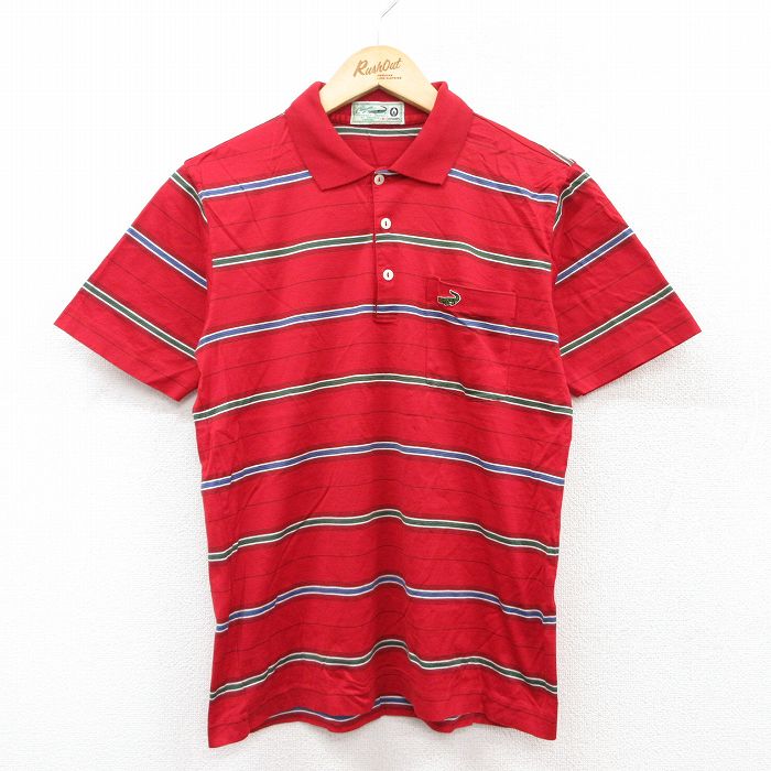 【50%OFF】S★古着 半袖 ポロ シャツ メンズ 90年代 90s ワニ コットン 赤他 レッド ボーダー 25jul02 中古 トップス
