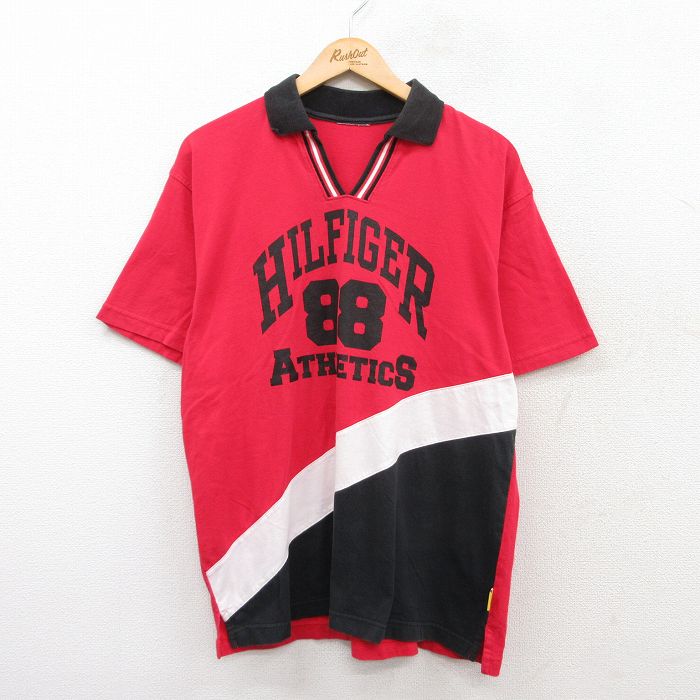 HILFIGER 半袖ポロシャツ オープンカラー レッド XL | 古着