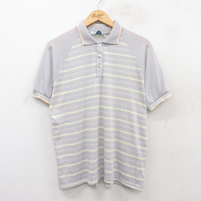 【50%OFF】L★古着 半袖 ポロ シャツ メンズ 80年代 80s ラグラン グレー他 ボーダー 25jul05 中古 トップス