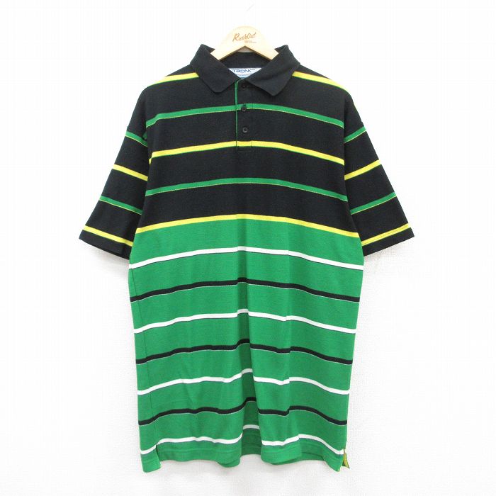 XL★古着 半袖 ポロ シャツ メンズ 鹿の子 ロング丈 コットン 緑他 グリーン ボーダー 25jul05 中古 トップス