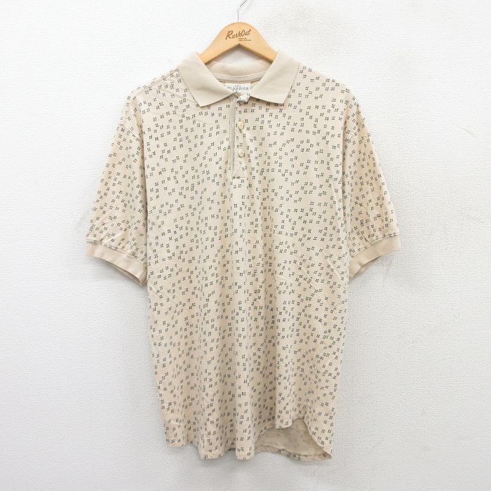 L★古着 半袖 ポロ シャツ メンズ 90年代 90s　総柄 コットン USA製 ベージュ他 カーキ 25jul05 中古 トップス