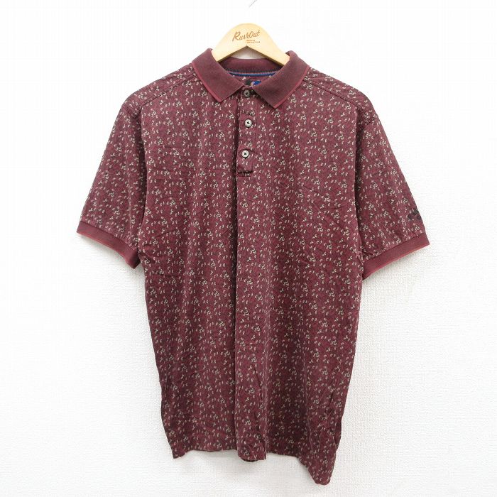 【50%OFF】L★古着 半袖 ポロ シャツ メンズ ゴルフ 総柄 コットン イタリア製 エンジ 25jul07 中古 トップス