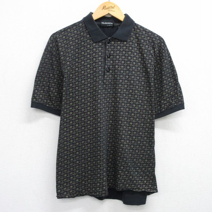 XL★古着 半袖 ポロ シャツ メンズ 90年代 90s 総柄 大きいサイズ コットン USA製 黒他 ブラック 25jul07 中古 トップス