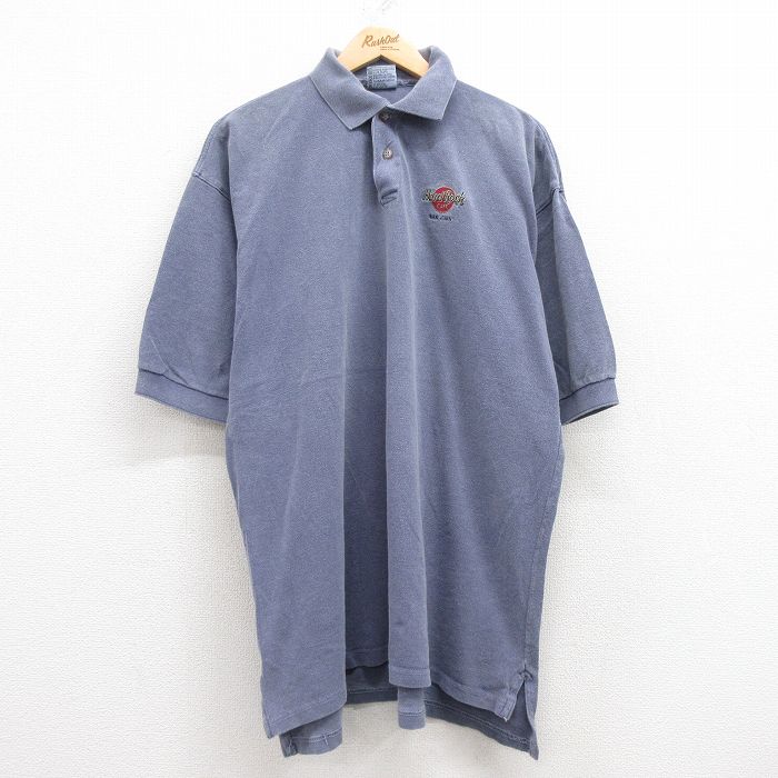 XL★古着 半袖 ポロ シャツ メンズ 90年代 90s ハードロックカフェ サンフアン 鹿の子 大きいサイズ コットン USA製 薄紺 ネイビー 25jul09 中古 トップス