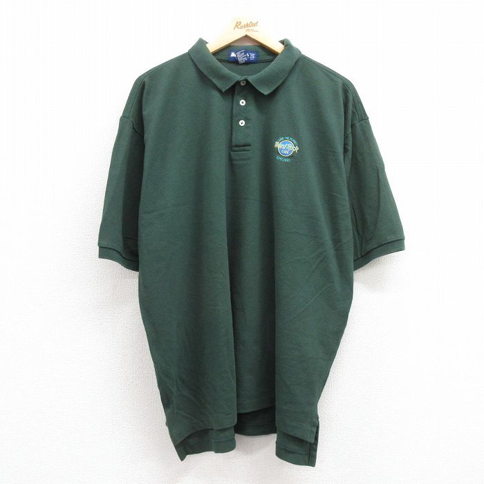 XL★古着 半袖 ポロ シャツ メンズ 90年代 90s ハードロックカフェ シカゴ 鹿の子 大きいサイズ コットン USA製 緑 グリーン 25jul09 中古 トップス