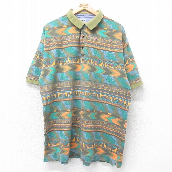 【50%OFF】XL★古着 半袖 ポロ シャツ メンズ 鹿の子 大きいサイズ ロング丈 緑他 グリーン 【spe】 25jul11 中古 トップス