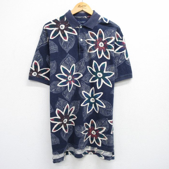 XL★古着 半袖 ポロ シャツ メンズ 00年代 00s 花 葉 鹿の子 コットン 紺他 ネイビー 25jul11 中古 トップス