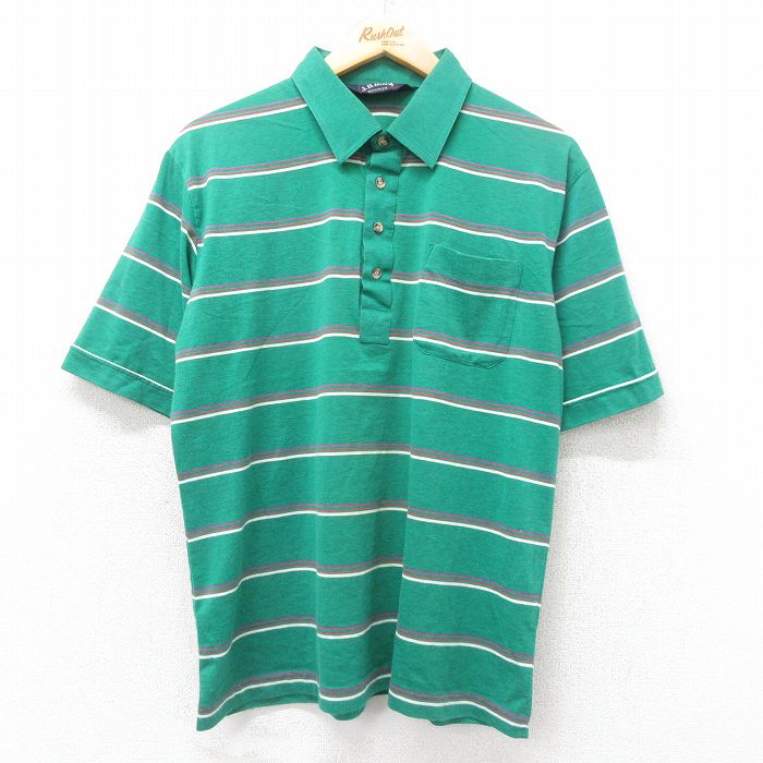 L★古着 半袖 ポロ シャツ メンズ 80年代 80s 緑他 グリーン ボーダー 25jul14 中古 トップス