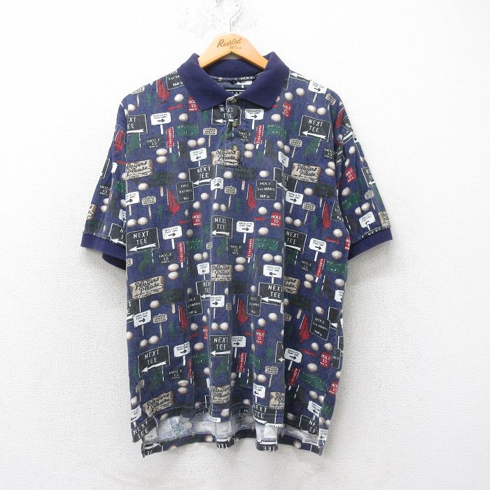 XL★古着 半袖 ポロ シャツ メンズ ゴルフ 大きいサイズ コットン 紺他 ネイビー 25jul14 中古 トップス