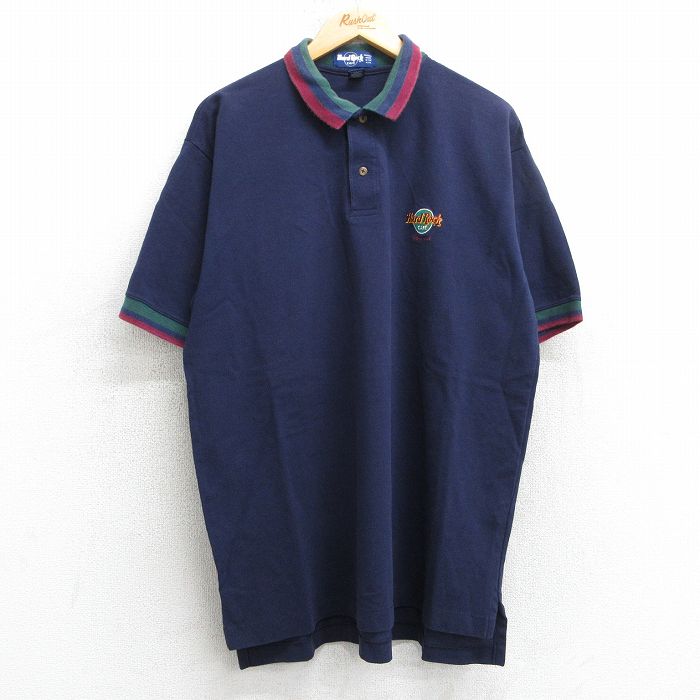 XL★古着 半袖 ポロ シャツ メンズ 90年代 90s ハードロックカフェ ブッシュビル 鹿の子 コットン USA製 紺 ネイビー 25jul18 中古 トップス