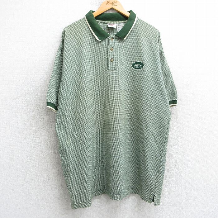 【20%OFF】XL★古着 半袖 ポロ シャツ メンズ 90年代 90s NFL ニューヨークジェッツ 千鳥格子 大きいサイズ コットン 緑他 グリーン アメフト スーパーボウル 25jul18 中古 トップス