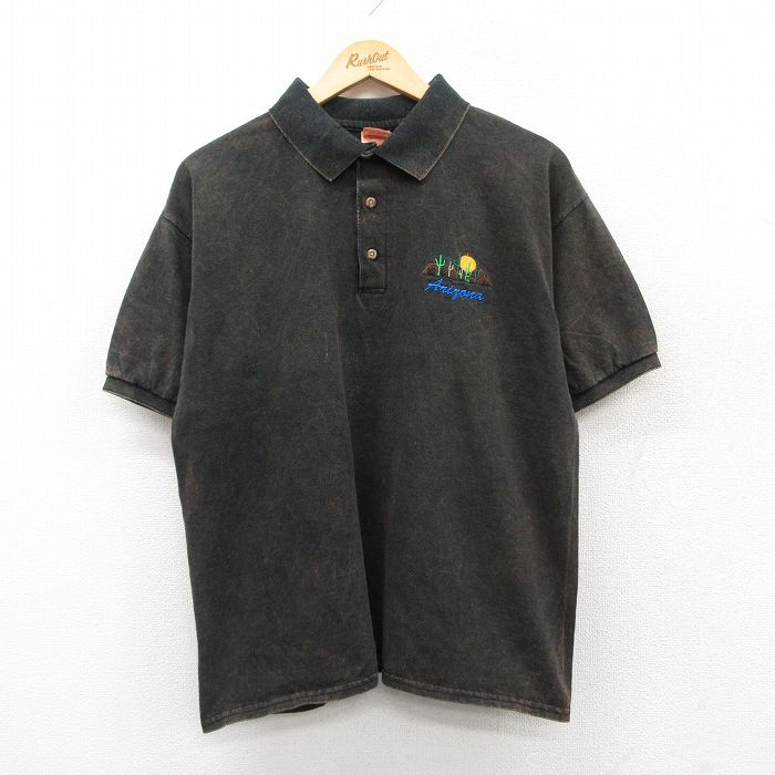 【20%OFF】L★古着 半袖 ポロ シャツ メンズ 00年代 00s アリゾナ コットン 黒 ブラック ブリーチ加工 25jul22 中古 トップス
