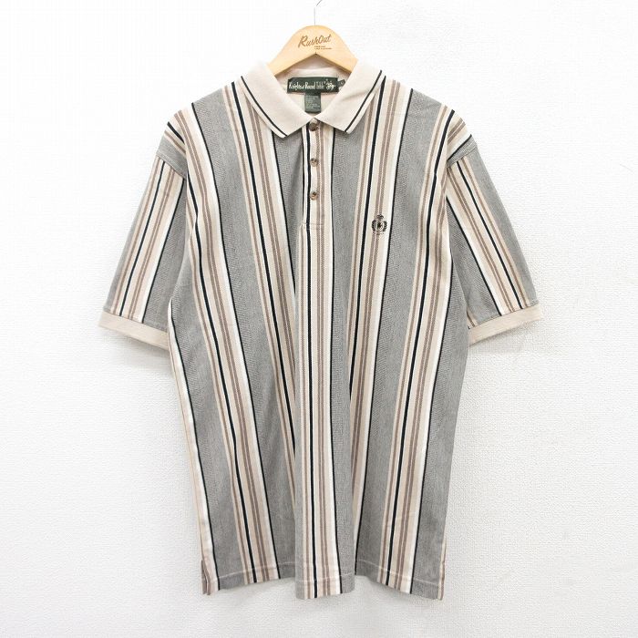 L★古着 半袖 ポロ シャツ メンズ 90年代 90s エンブレム 鹿の子 ベージュ系他 カーキ ストライプ 25jul22 中古 トップス