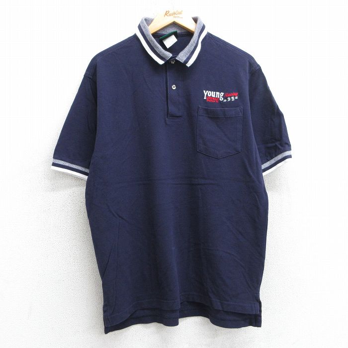 L★古着 半袖 ポロ シャツ メンズ YOUNG レーシング 鹿の子 コットン 紺他 ネイビー 25jul25 中古 トップス