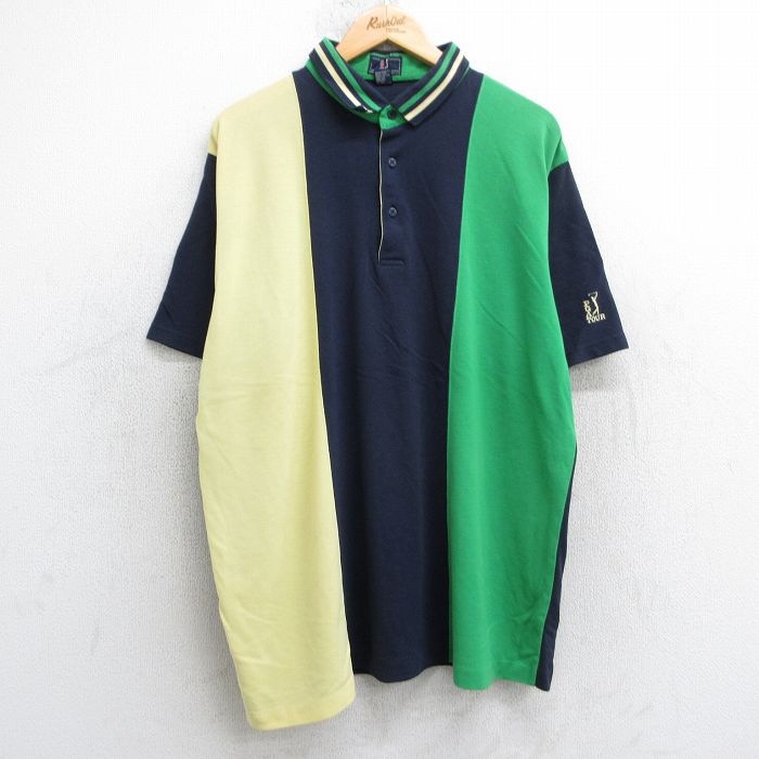 XL★古着 半袖 ポロ シャツ メンズ 90年代 90s ゴルフ マルチカラー 鹿の子 紺他 ネイビー 【spe】 25jul25 中古 トップス