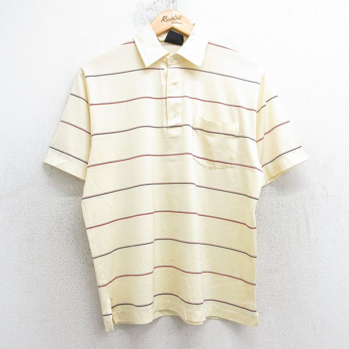 L★古着 半袖 ポロ シャツ メンズ 80年代 80s 薄黄色他 イエロー ボーダー 25jul25 中古 トップス