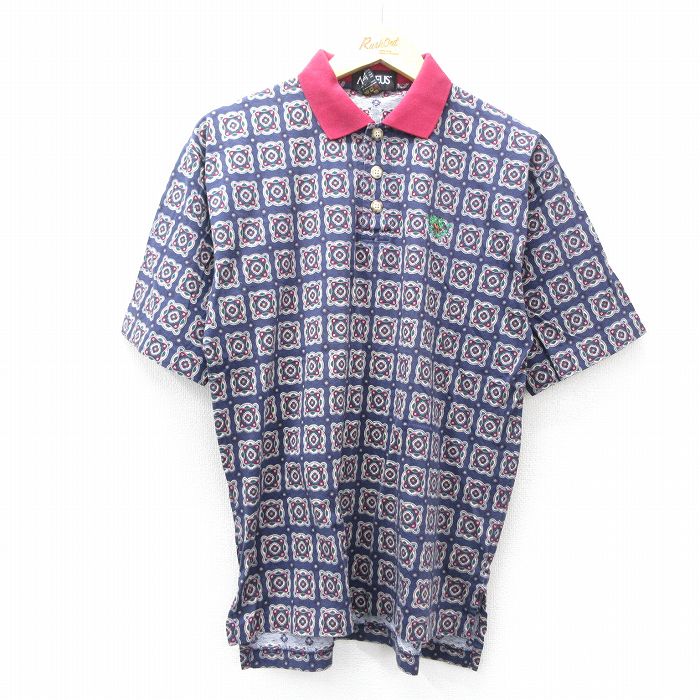 L★古着 半袖 ポロ シャツ メンズ 00年代 00s 馬 総柄 大きいサイズ 紺他 ネイビー 25jul30 中古 トップス