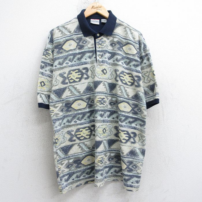XL★古着 ビューグルボーイ 半袖 ポロ シャツ メンズ 90年代 90s 総柄 鹿の子 大きいサイズ 紺他 ネイビー 25jul31 中古 トップス