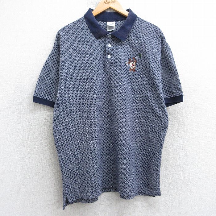 XL★古着 半袖 ポロ シャツ メンズ 90年代 90s ルーニーテューンズ LOONEY TUNES タズ コットン 紺他 ネイビー 【spe】 25jul31 中古 トップス