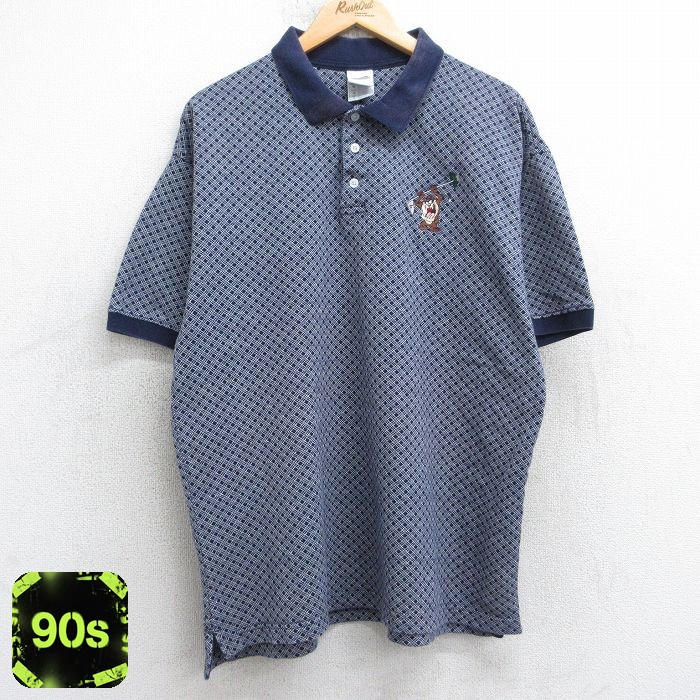 ルーニーテューンズ 90s 半袖ポロシャツ タズ ネイビー XL | 古着