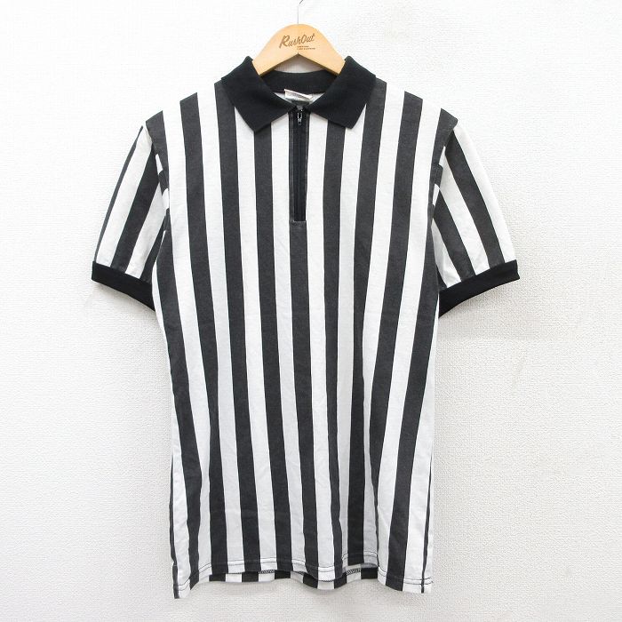 【50%OFF】マジェスティック 90s 半袖ハーフジップポロシャツ ストライプ ホワイト M | 古着