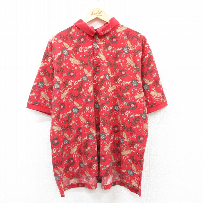 XL★古着 半袖 ポロ シャツ メンズ 00年代 00s タバスコ 総柄 大きいサイズ コットン 赤 レッド 25aug20 中古 トップス